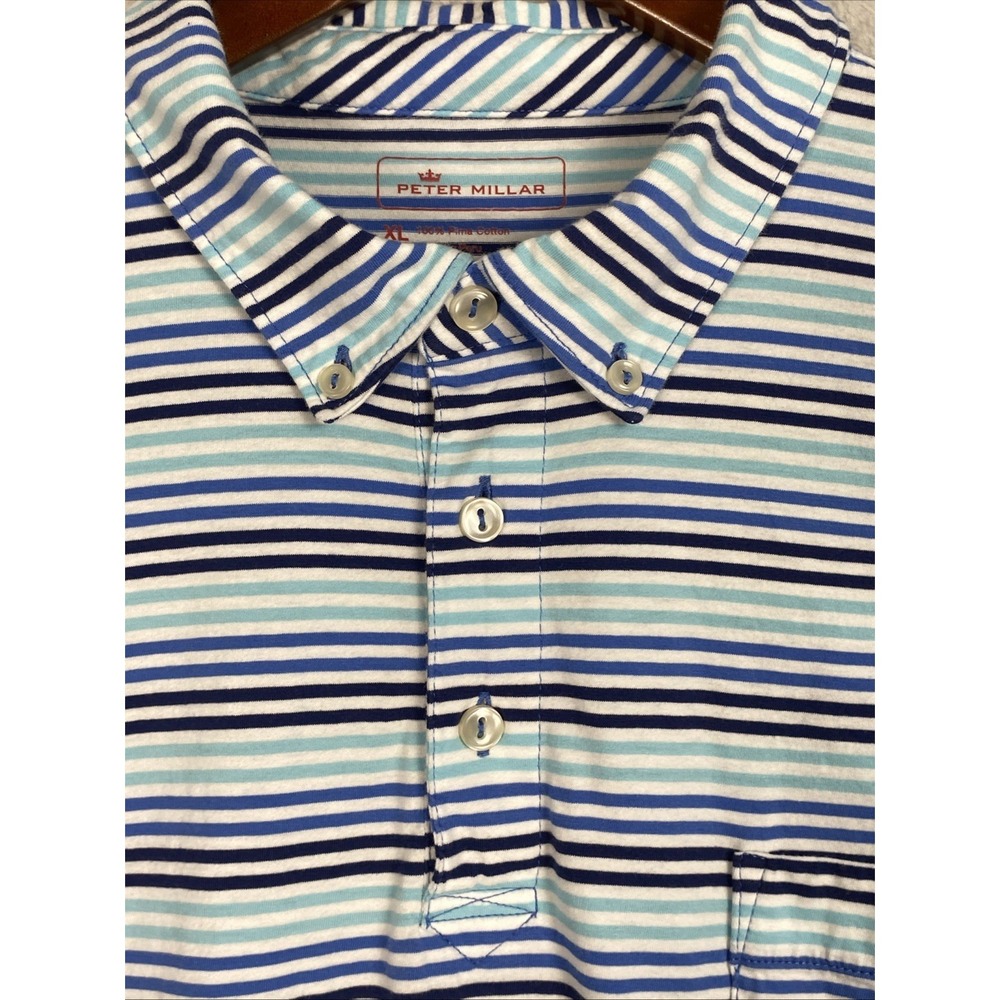 Peter Millar Mens Polo Shirt XL Striped Cotton Blue White High Tide Short Sleeve